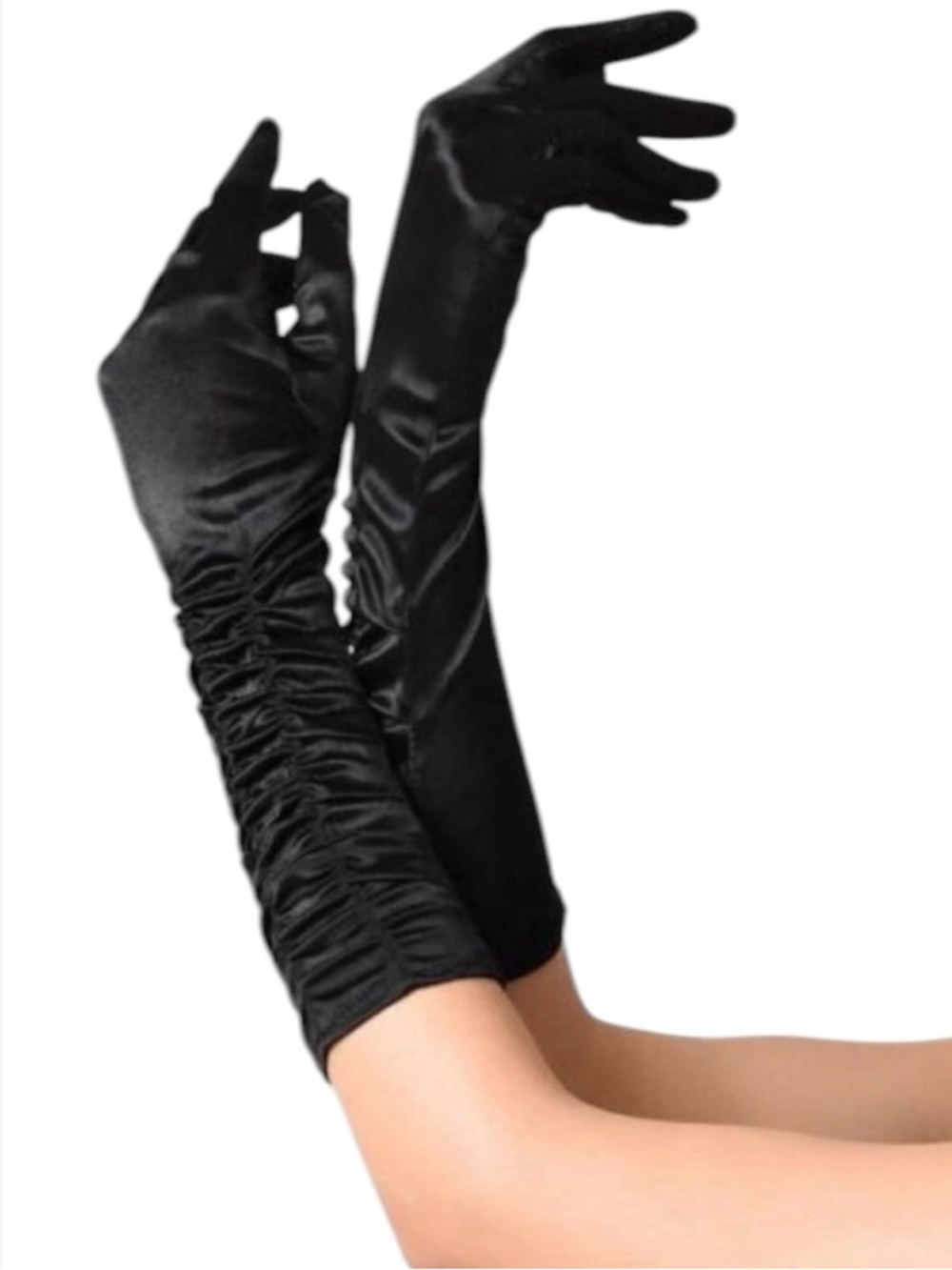 Long Black Gathered Stretchy-Satin Gloves
